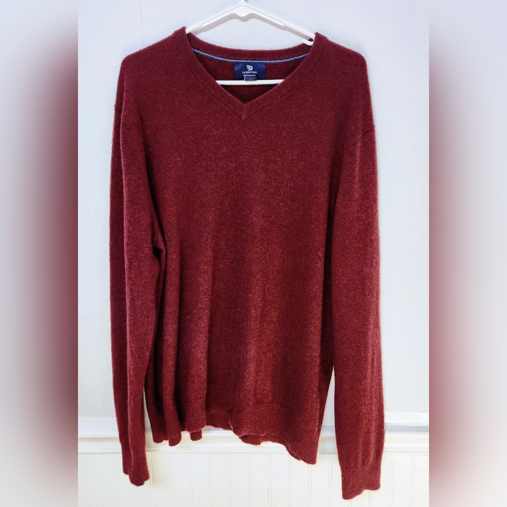 Lands' End Classic Red 100% Cashmere Men's V-Neck Sweater XL Soft
